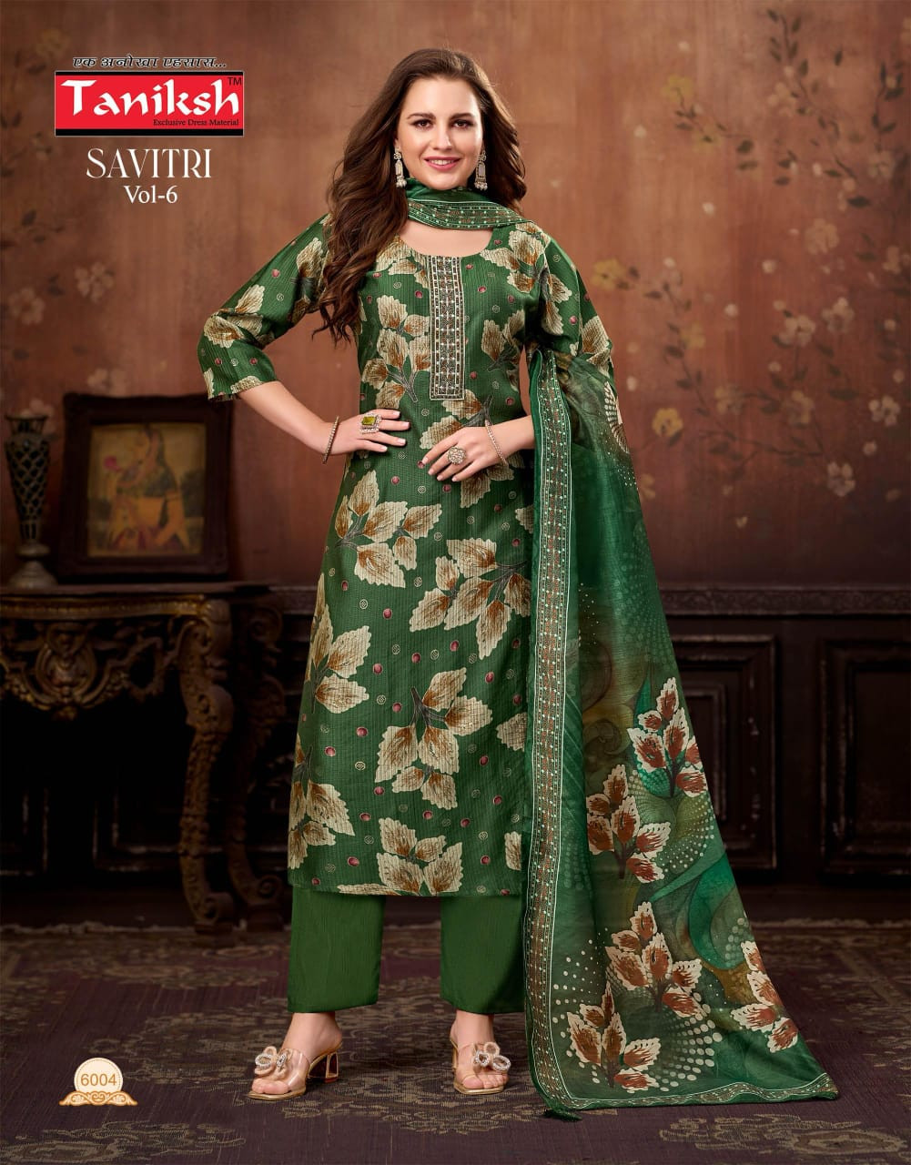 Taniksh Savitri suit in green with floral print.