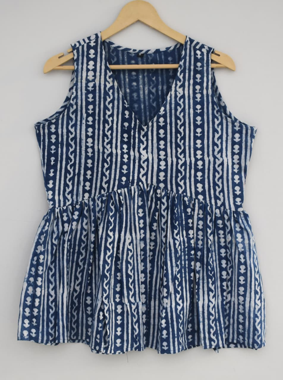 Indigo Hand Block Print Ruffled Midi Sustainable Pure Cotton A-Line Dress