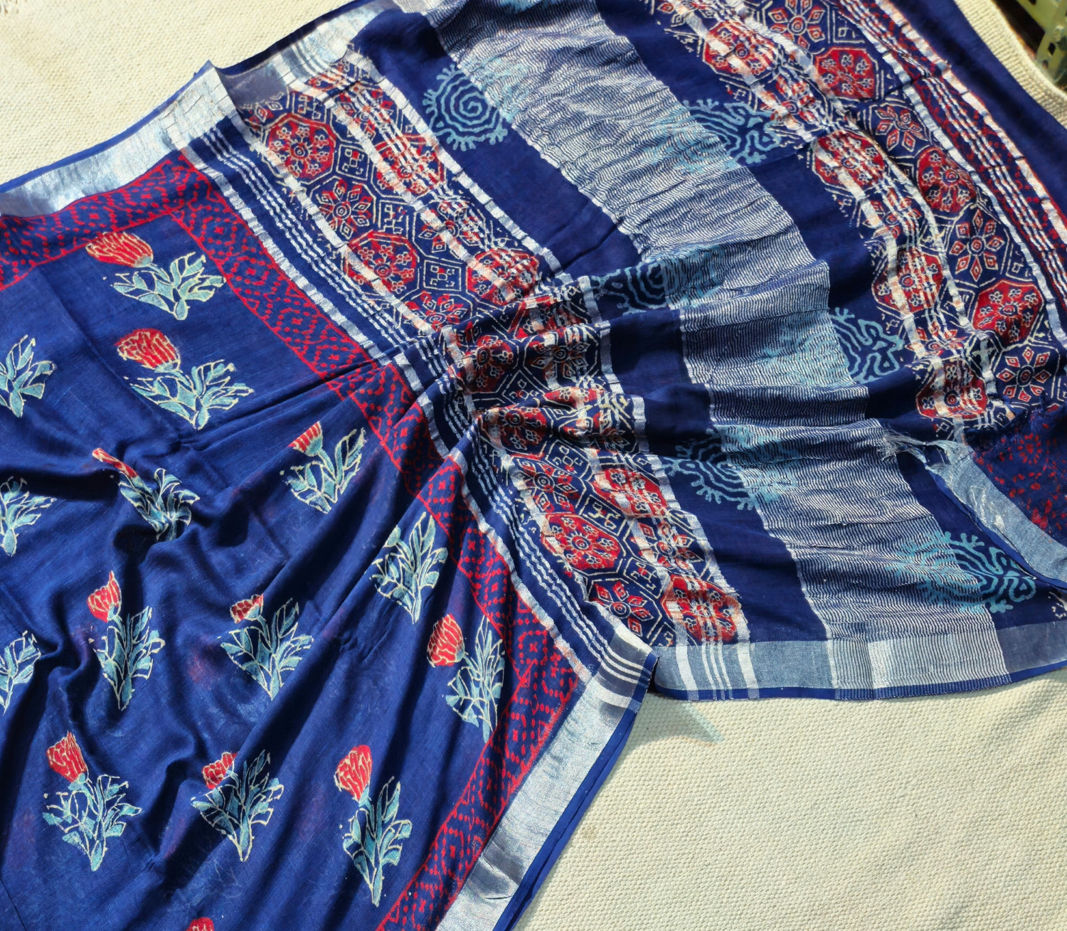 OdiKala sambalpuri cotton saree with blouse piece(Rain in village design in blue and red colors combination)