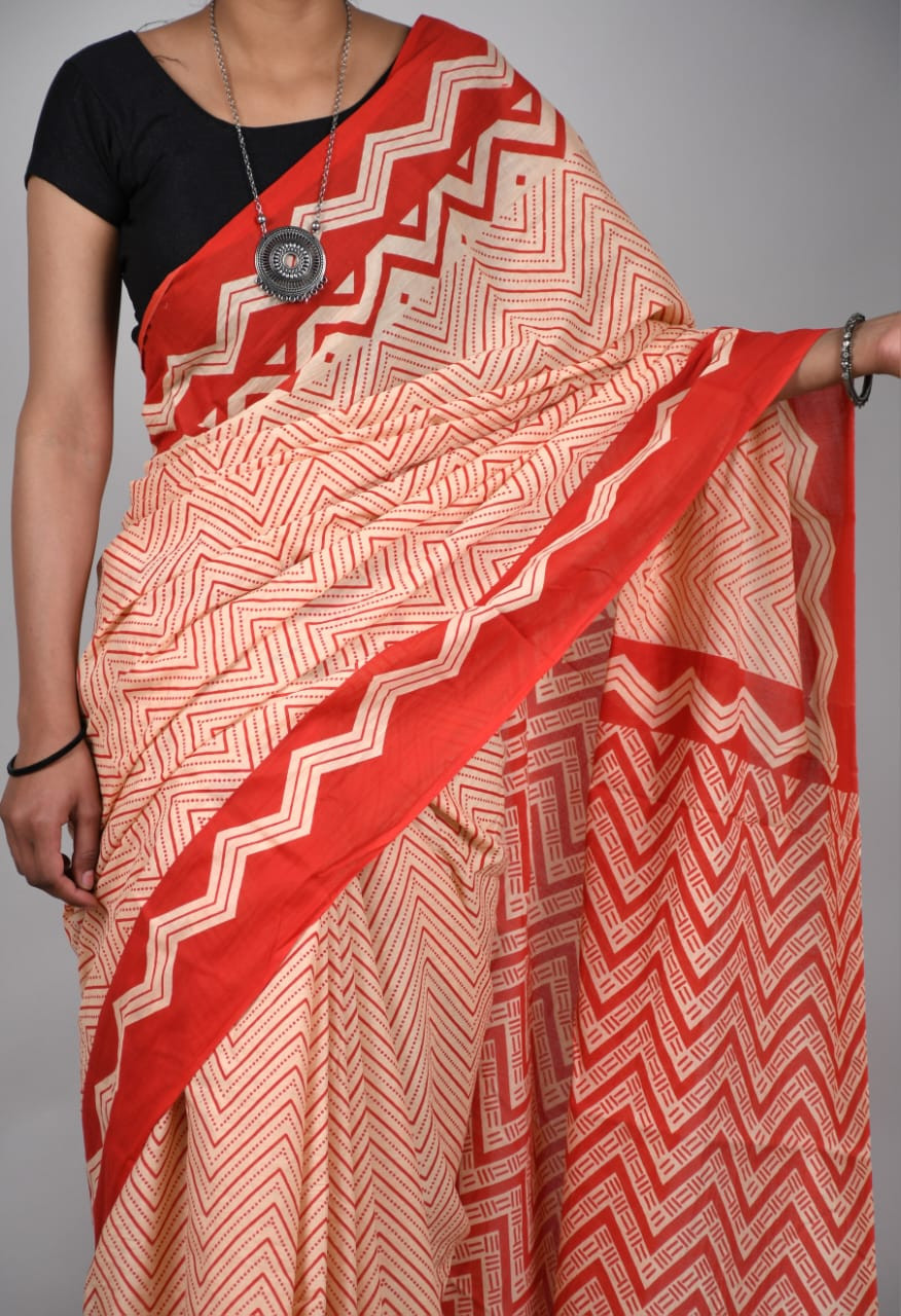 Beige and Red Geometric Cotton Mulmul Saree