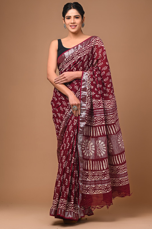 Burgundy Handcrafted Block Print  Linen Drape Saree