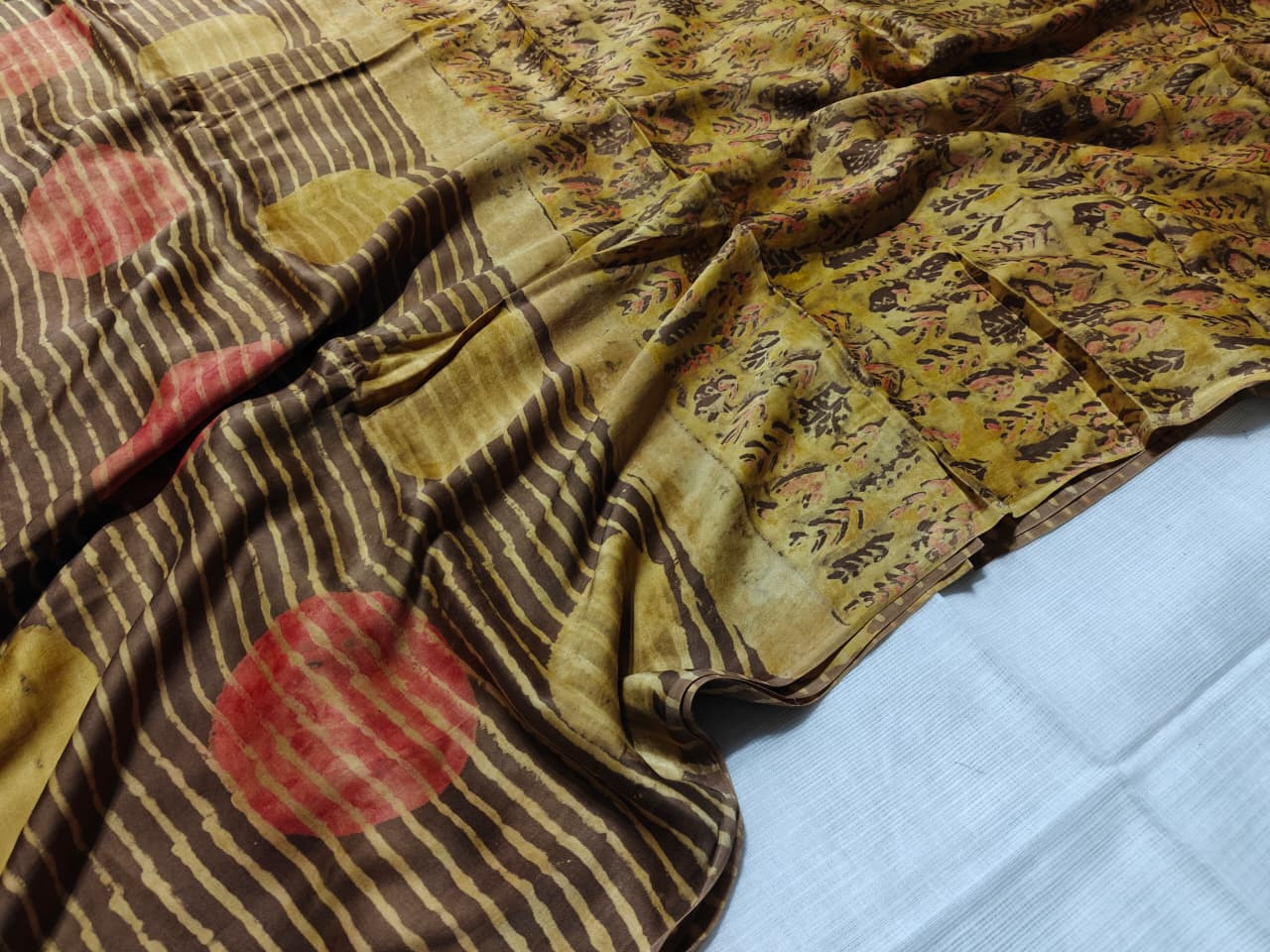 Brown and Red Hand Block Printed Maheshwari Silk Cotton Saree