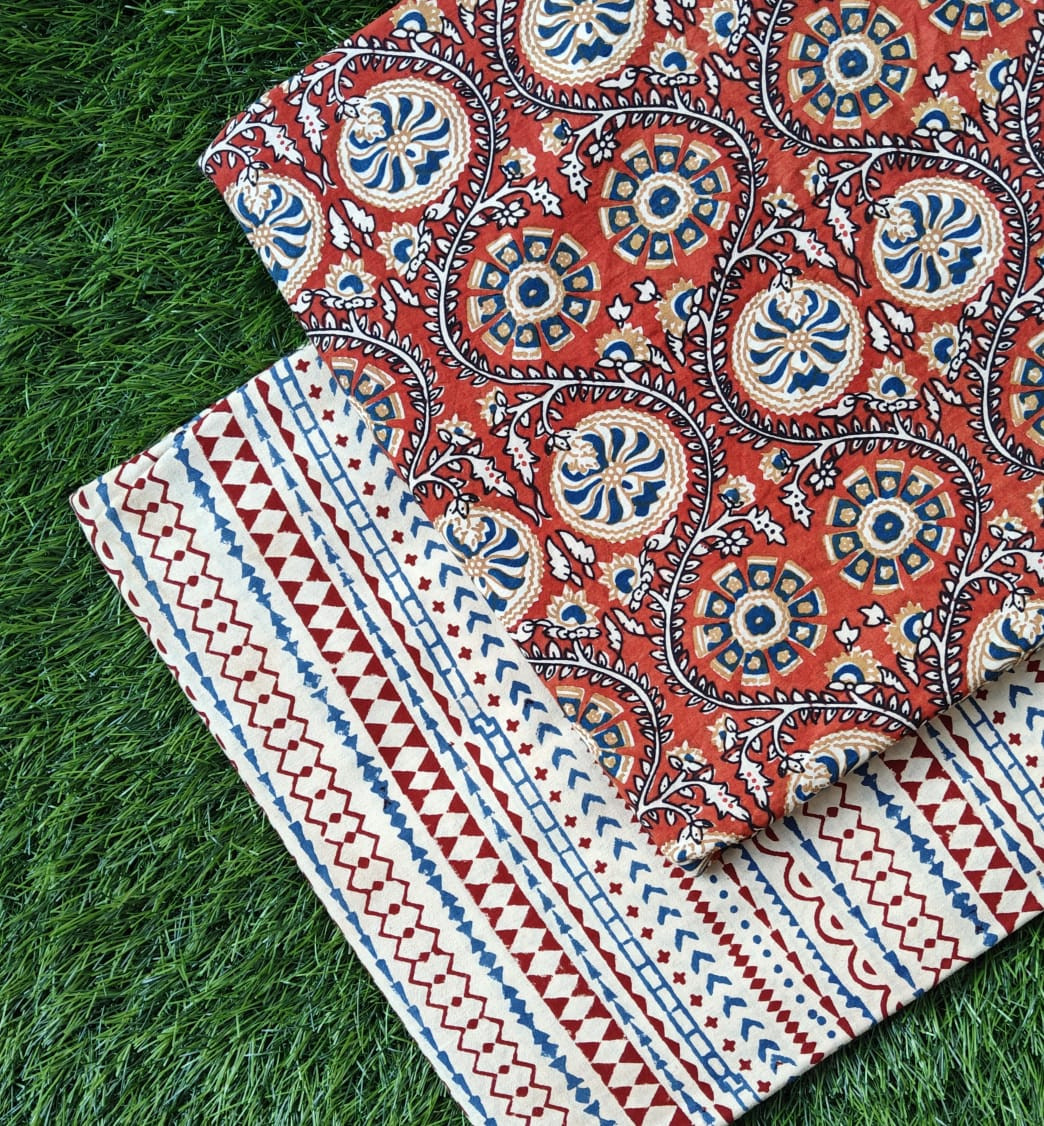 Red & Blue Dabu & Bagru Hand-Block Printed Cotton (60/60) Cambric Unstitched Suit Fabric Set