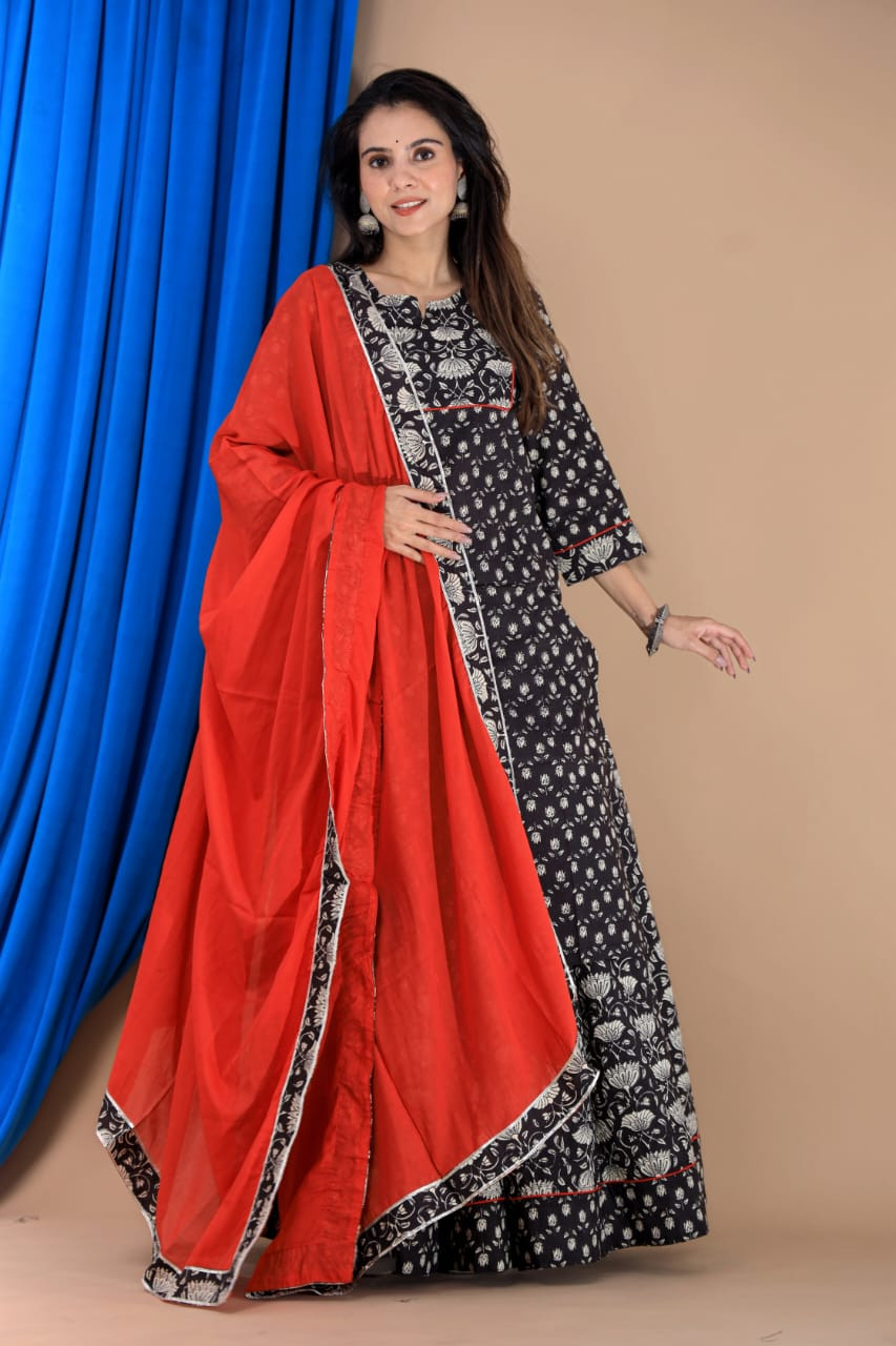 Black & White Hand Block Printed Cotton Long Kurta & Skirt with Red Dupatta