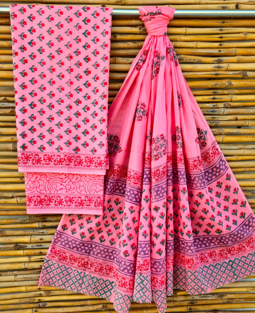 Vibrant Pink Jaipuri Hand-Block Print Cotton Suit Set