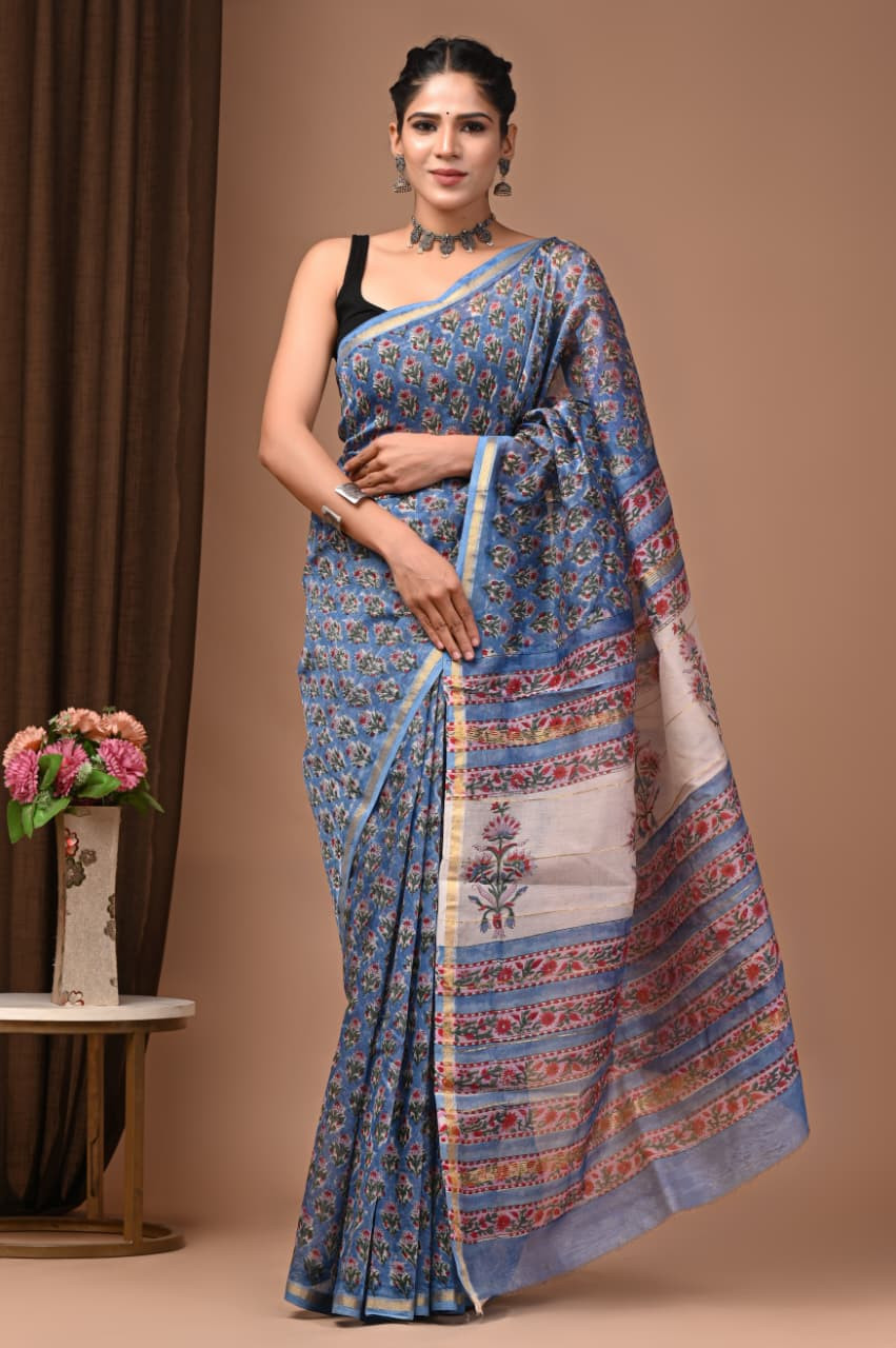 Ocean Blossom: Hand-Block Printed Maheshwari Silk-Cotton Saree in Sky Blue & Pink