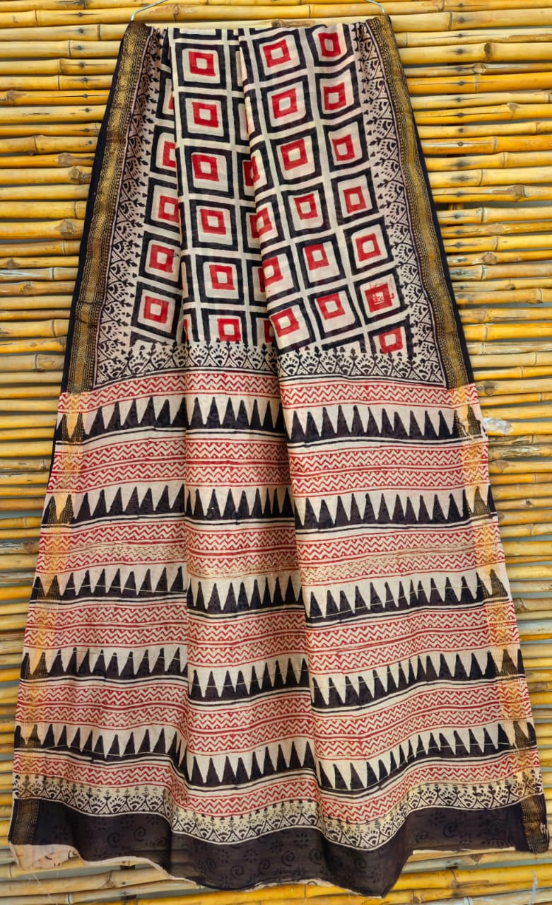 black and off-white geometric block-printed silk-cotton blend Maheshwari or Chanderi saree with a gold zari border