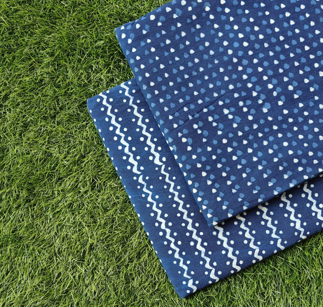 Indigo Blue Dabu Print Cotton (60/60) Cambric Unstitched Suit Fabric Set