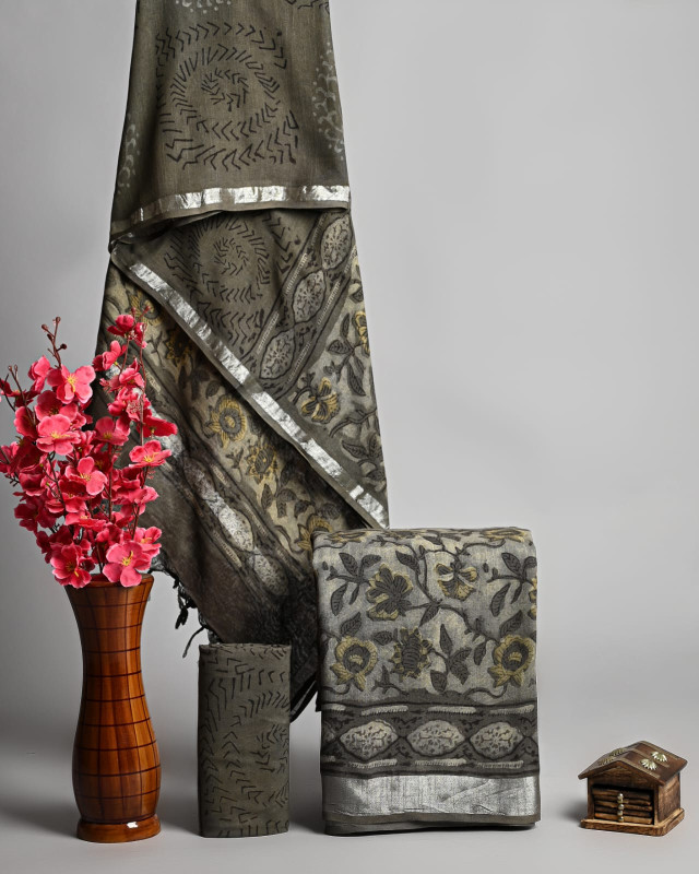 Olive Green Linen Cotton Hand Block Print Suit Set
