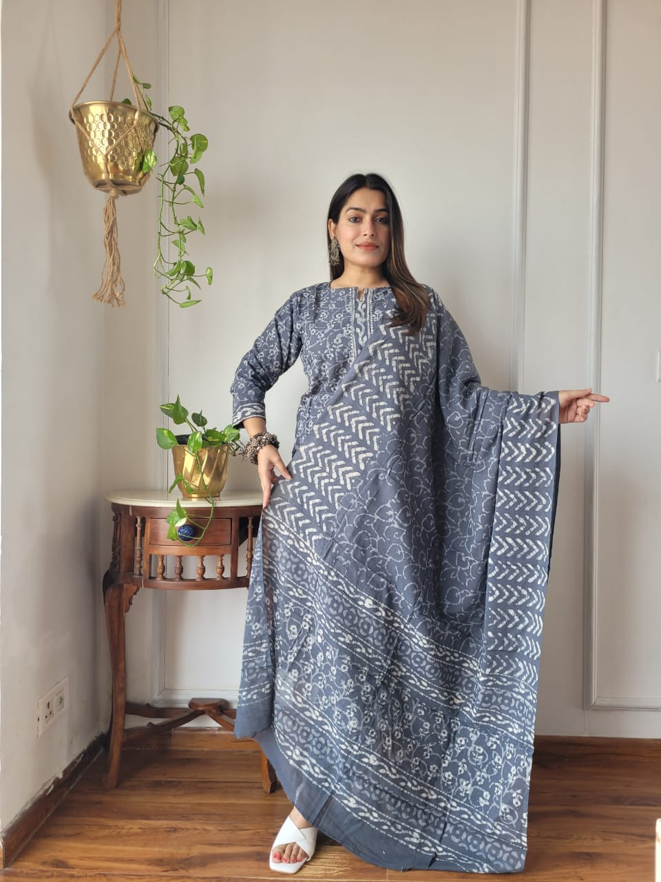Grey White Hand Block Printed Cotton Suit Set