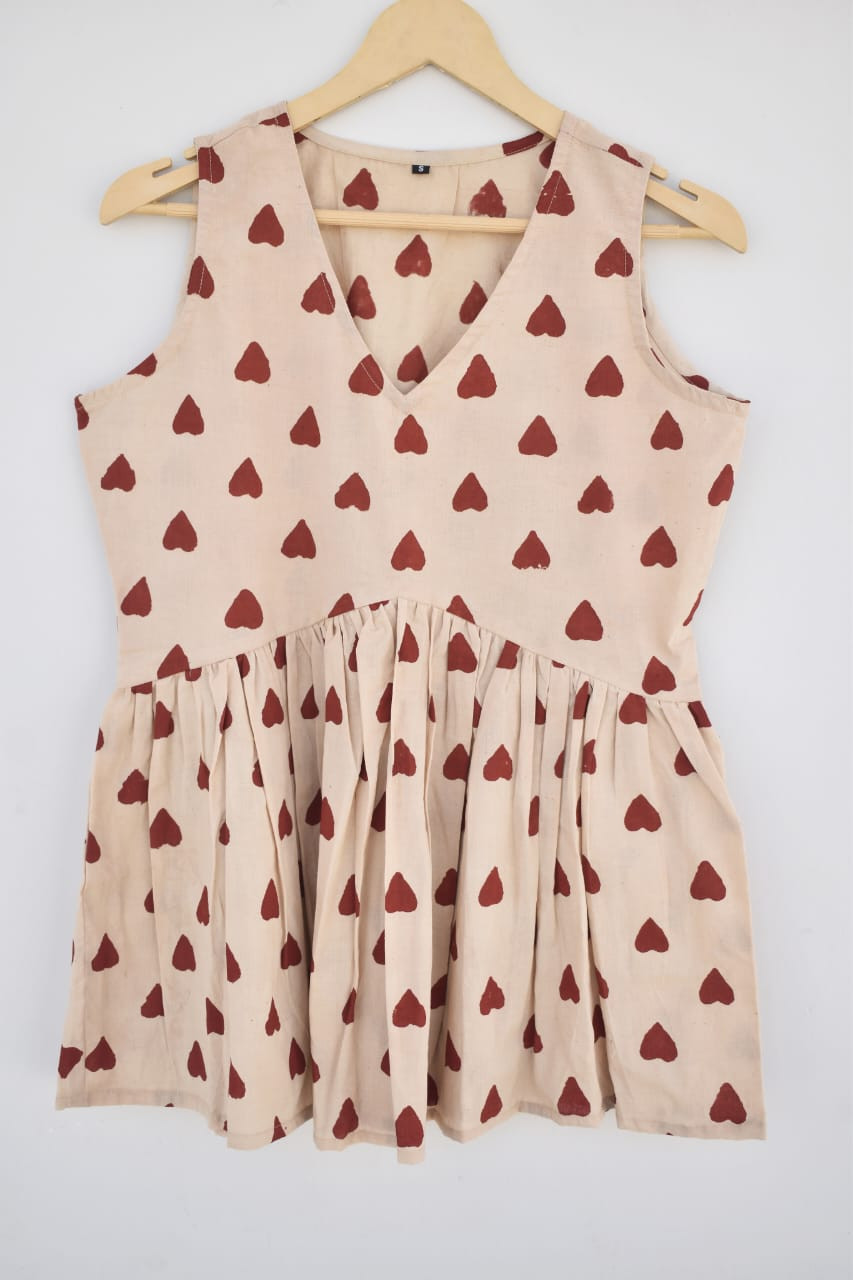 Light Peach (Base) Women Heart Hand Block Printed Cotton Sleeveless Top