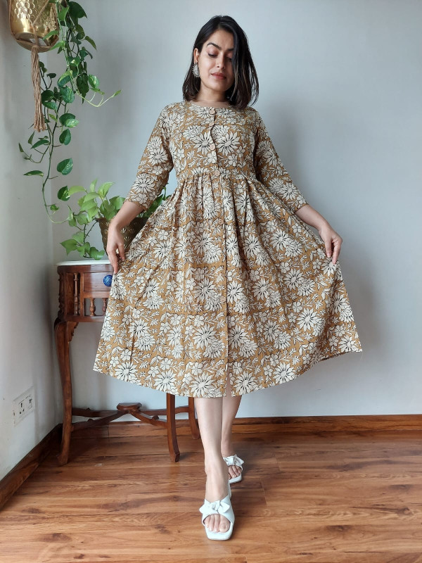 mustard yellow and white floral print cotton  one-piece dress