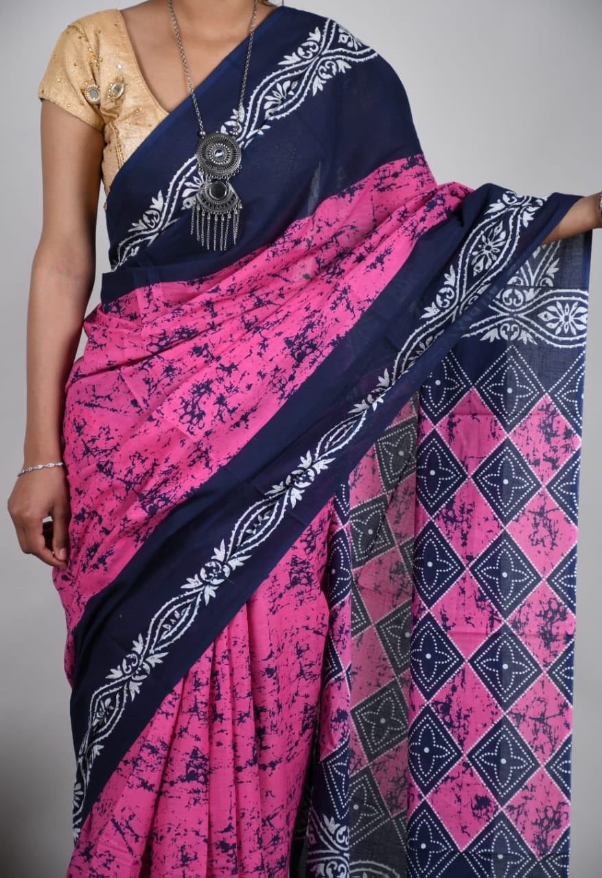 Magenta and navy blue batik print pure cotton saree.