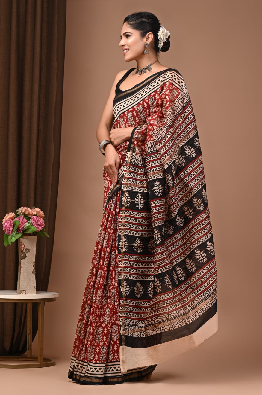 "Narmada Ruby" Hand Block Printed Maheshwari Silk Saree with Blouse