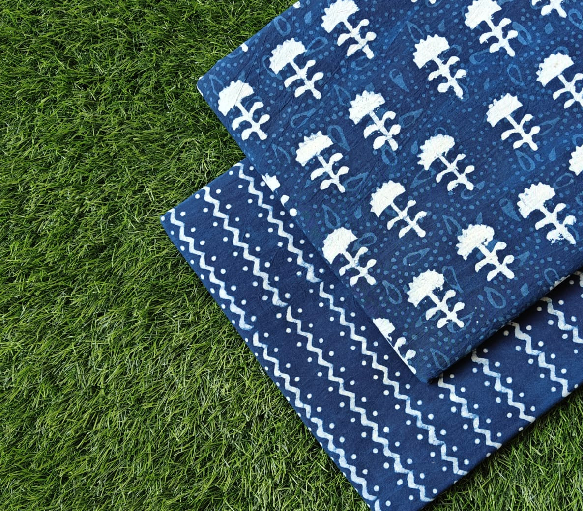 Indigo Blue & White Hand Block Print Suit Fabric: 60x60 Cambric Cotton, Bagru-Dabu Print, 2.5M Top + 2.5M Bottom