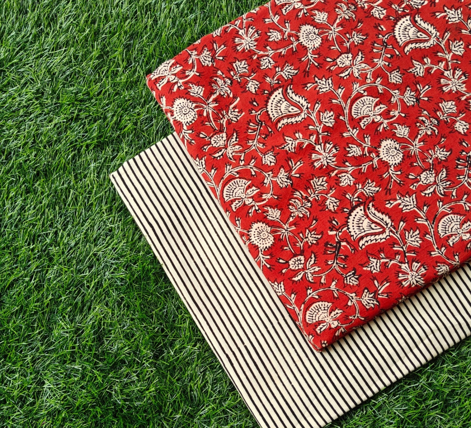 Crimson Red & Black 'Jhaal & Stripe' Hand-Block Bagru Print Cotton (60/60) Cambric Suit Set – Top 2.50 MTR + Bottom 2.50 MTR