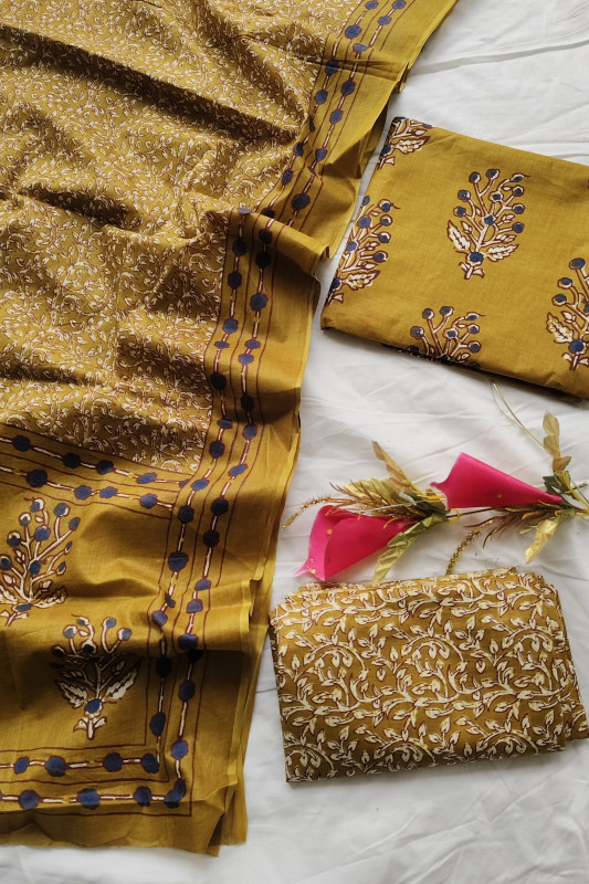 Mustard Yellow Blue Floral & Leaf Hand Block Print Cotton Suit Set unstitched suit Material for Women 2.5 Mtr top and 2.5 Mtr Bottom and 2.5 Mtr Dupatta