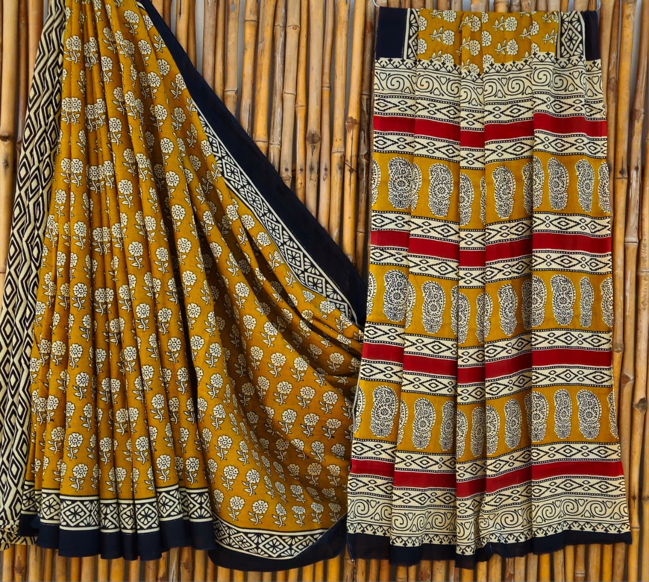 Luxurious Mustard Yellow Kalamkari Hand-Block Printed Mulmul Cotton Saree with Blouse (6.5 Meters, 92*80, 100% Pure Cotton Fabric)