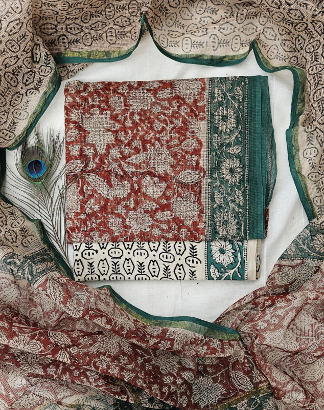 Maroon, Beige, and Green Handblock Printed Cotton Kota Doria 2.5m top & dupatta and 2.5m cotton cambric bottom