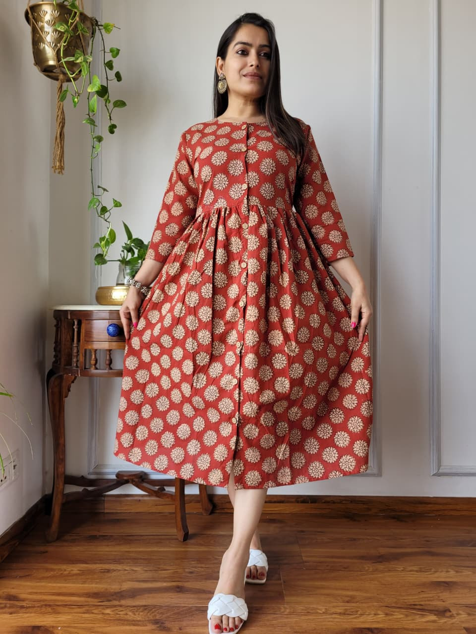 Terracotta Red Hand Block Printed Cotton  One Piece Dress