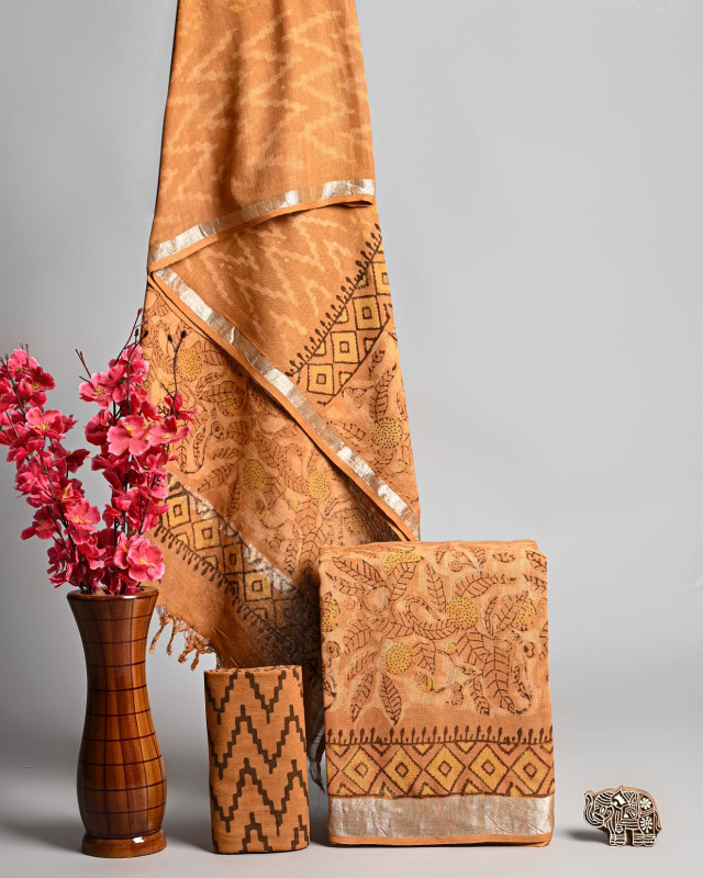 Mustard Orange Hand Block Printed Cotton Unstitched Suit Set with Floral & Geometric Zigzag Design and Silver Gota/Zari Border