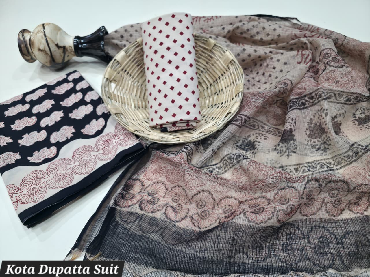 Beige & Maroon Hand Block Print Cotton Suit with a sheer Kota Doria Dupatta.