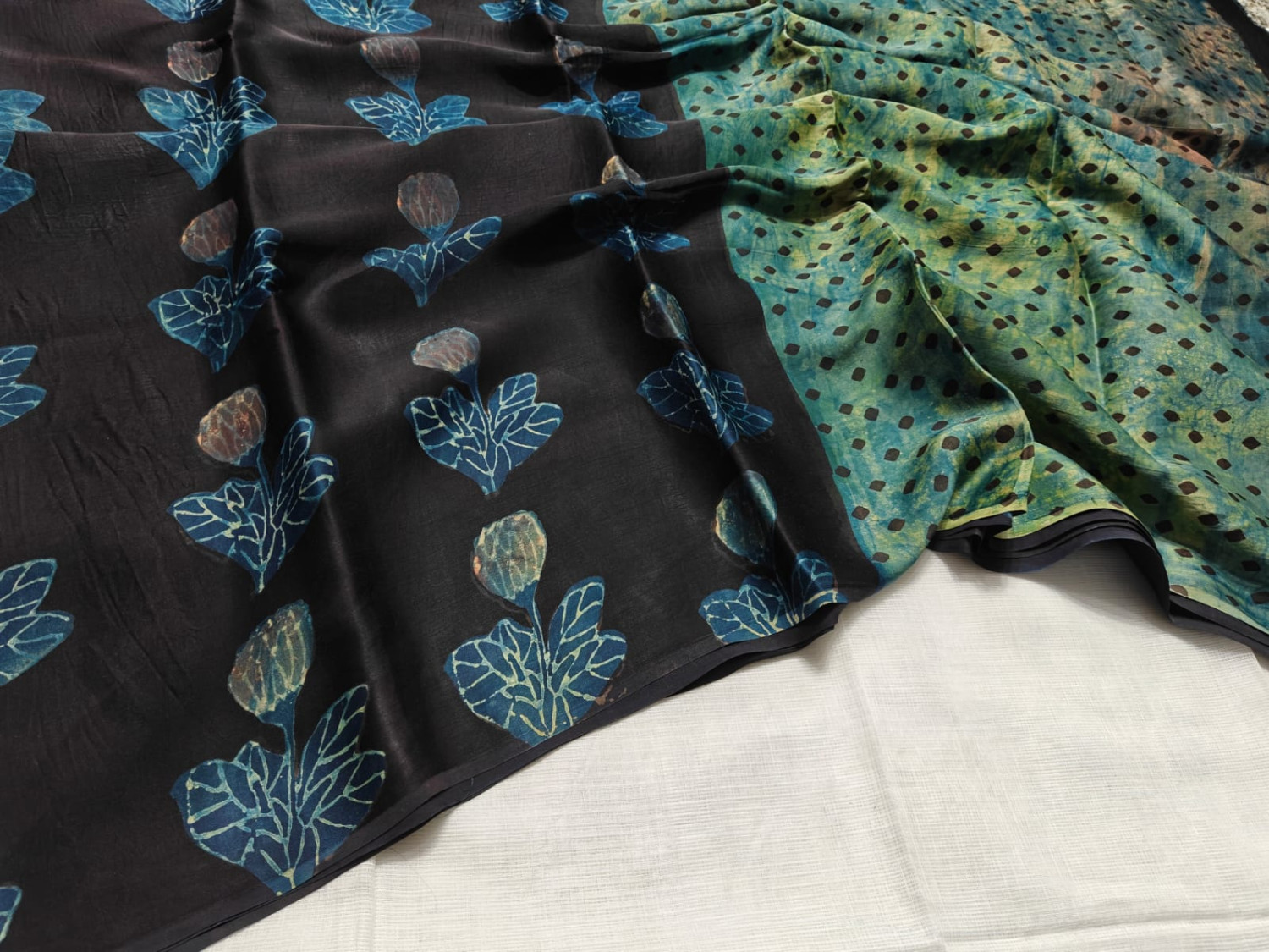 Dark blue and green Ajrakh hand block printed modal silk saree. whit printed Blouse