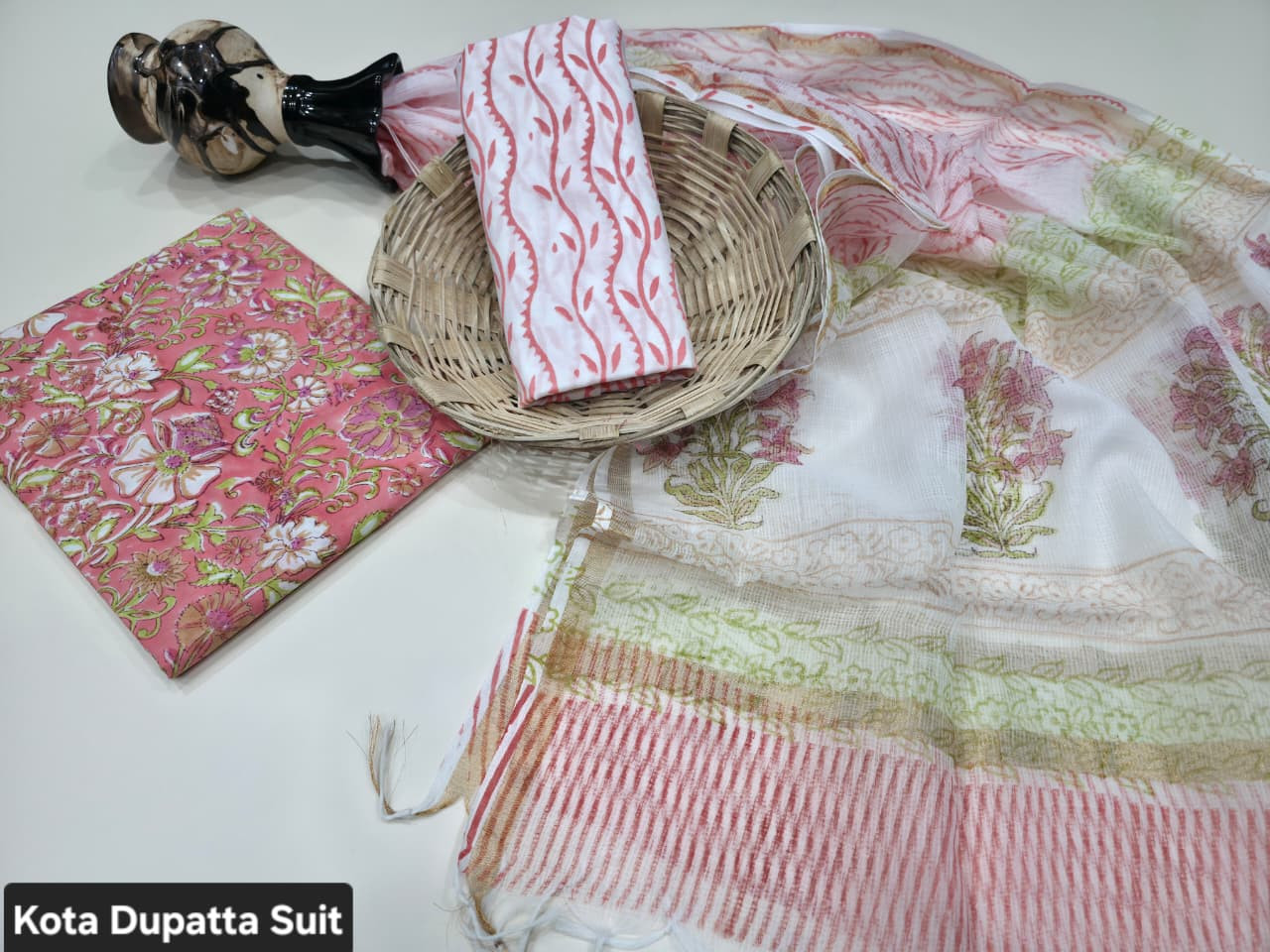 Pink & Green Hand Block Print Cotton Suit with a sheer Kota Doria Dupatta.