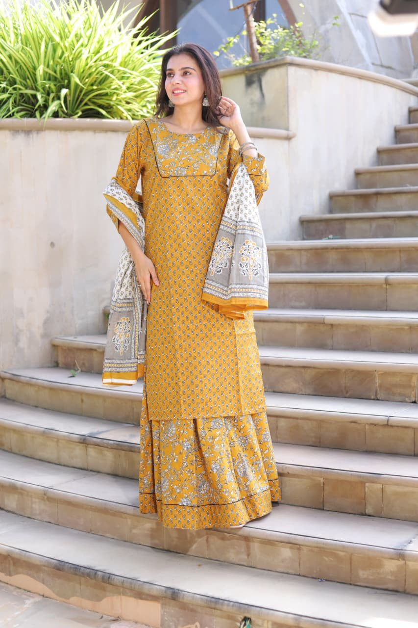 Mustard Yellow Hand Block Print Cotton Designer Long Kurta & Skirt with Dupatta