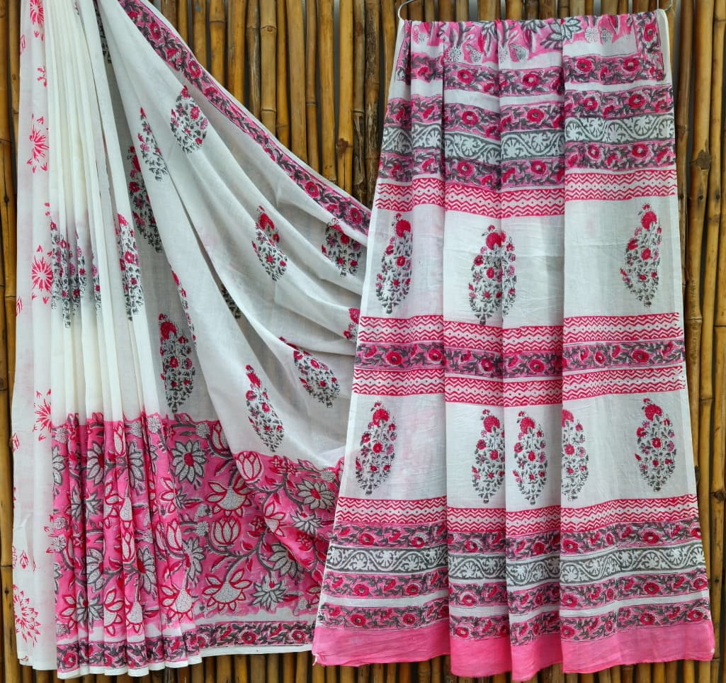 Pink & White Hand Block Printed 100% Pure Mulmul Cotton Saree (6.5 Mtrs, 92*80)