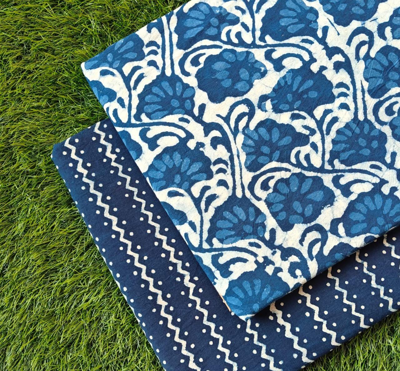 Indigo Blue Leaf & Stripe Dabu Bagru Hand Block Print Cotton (60/60) Cambric Unstitched Suit Material (Top 2.50 MTR + Bottom 2.50 MTR)