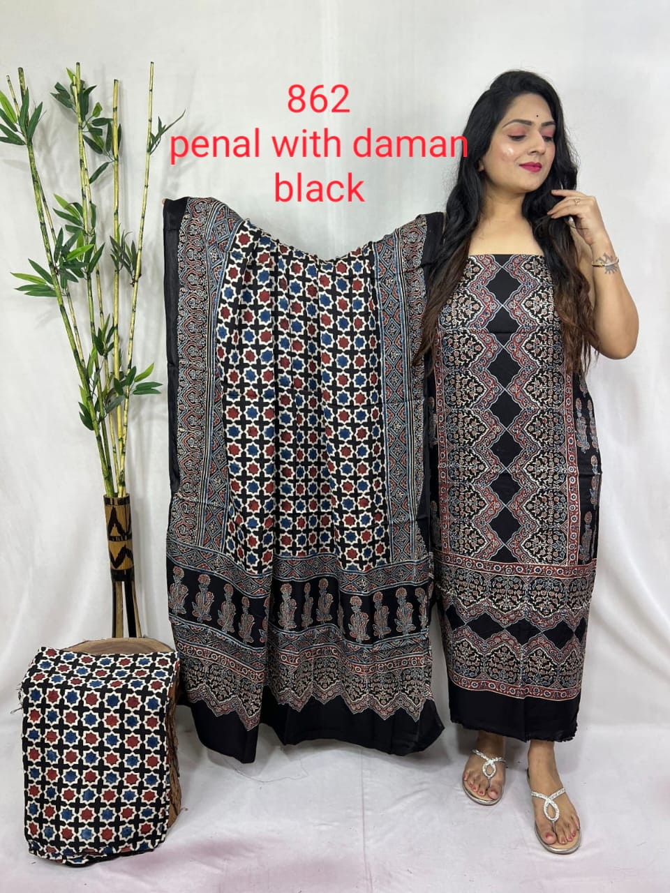 Black Ajrakh Hand Block Print  Saree Suit Bottom 2-5 miter ,Top 2-5 Miter ,Duppta 2-5 Miter.