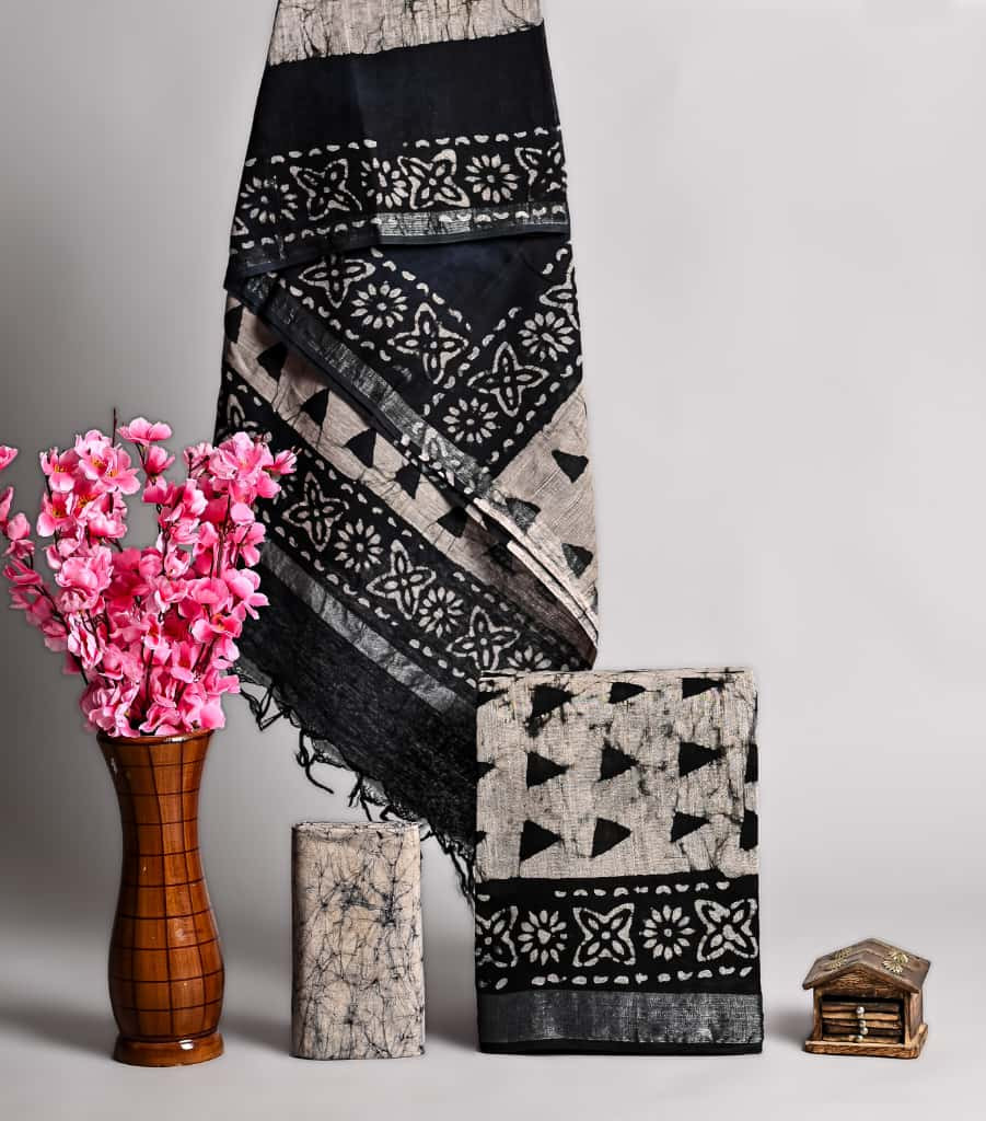 Black and Beige Hand Block Printed Cotton-Linen Batik Suit Material