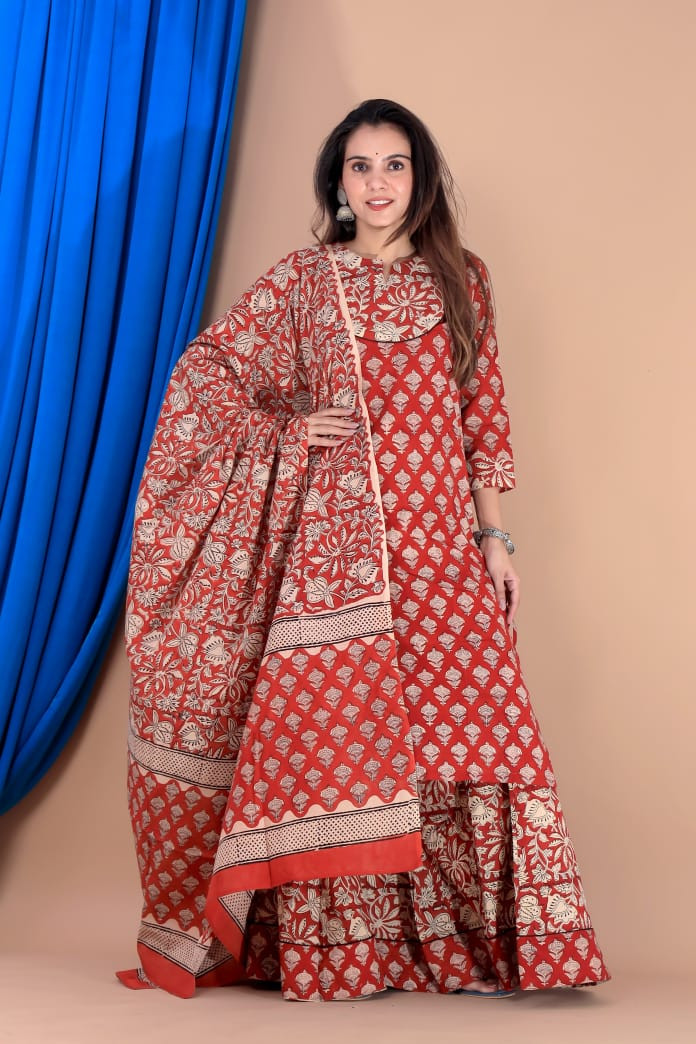 Red Hand Block Printed Cotton Long Kurta & Skirt with Dupatta