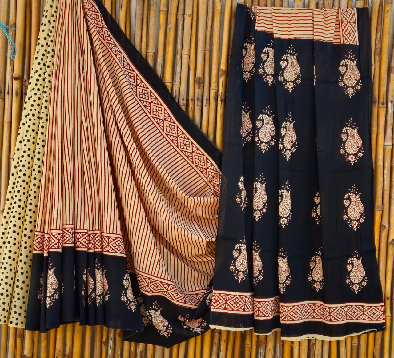 Black & Beige Hand Block Printed 100% Pure Mulmul Cotton Saree (6.5 Mtrs, 92*80)