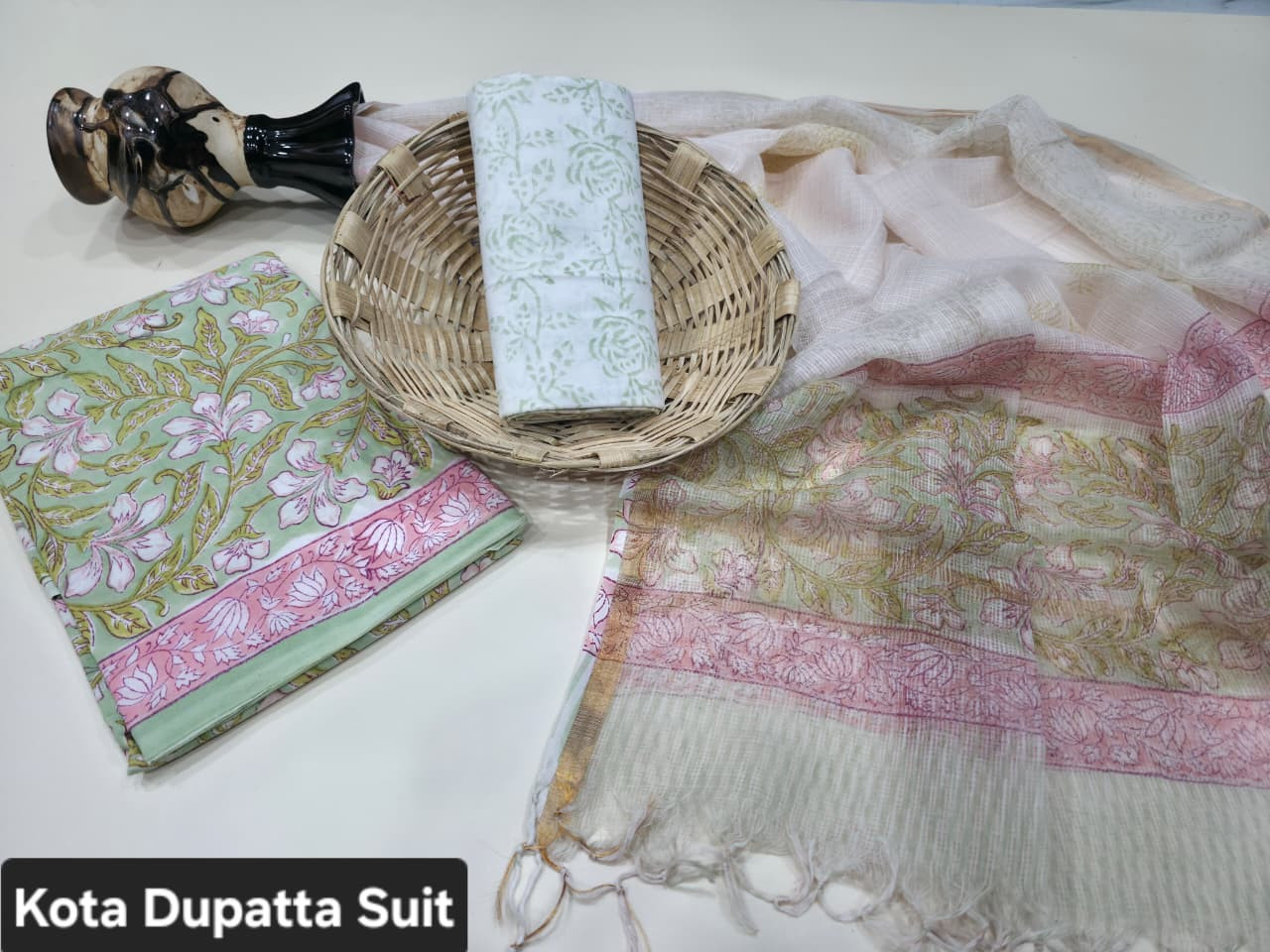 Light Green & Pink Floral Hand Block Print Cotton Suit with a sheer Kota Doria Dupatta