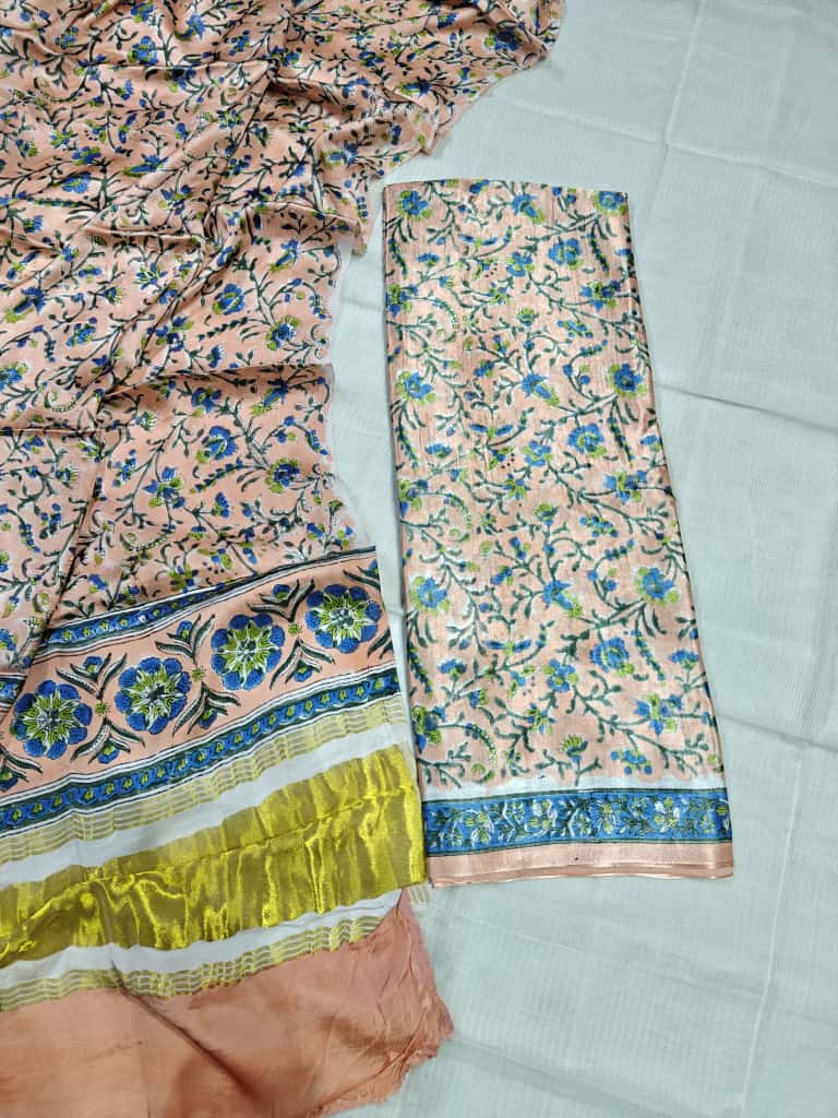 Peach and Blue Floral Printed Cotton Silk Saree