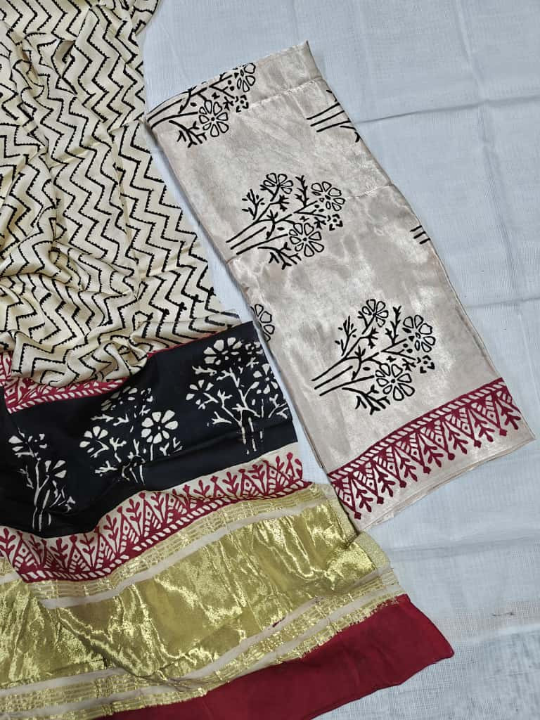 Cream, Black, and Red Kalamkari Print Cotton Silk Blend Saree