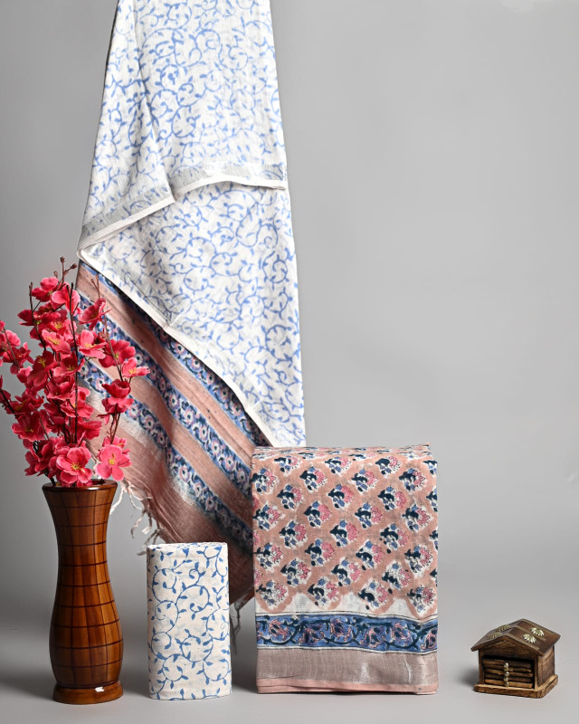 Hand Block Printed White Blue and Pink Floral Cotton Linen Unstitched Suit Set