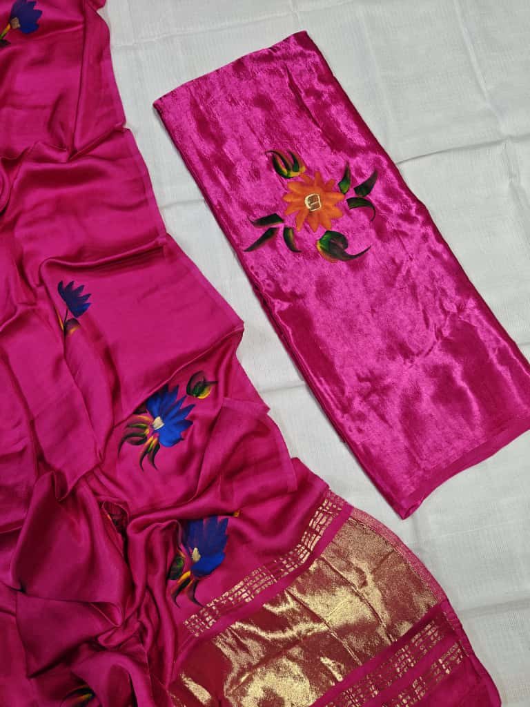 Fuchsia Pink Satin or Modal Silk Blend Saree