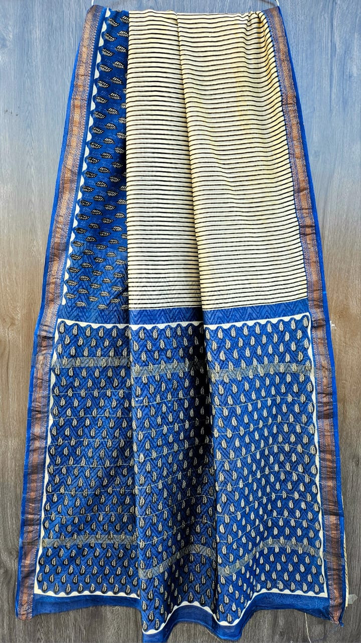 Royal Blue & Ivory Cream Hand Block Printed Maheshwari Silk Saree with Blouse