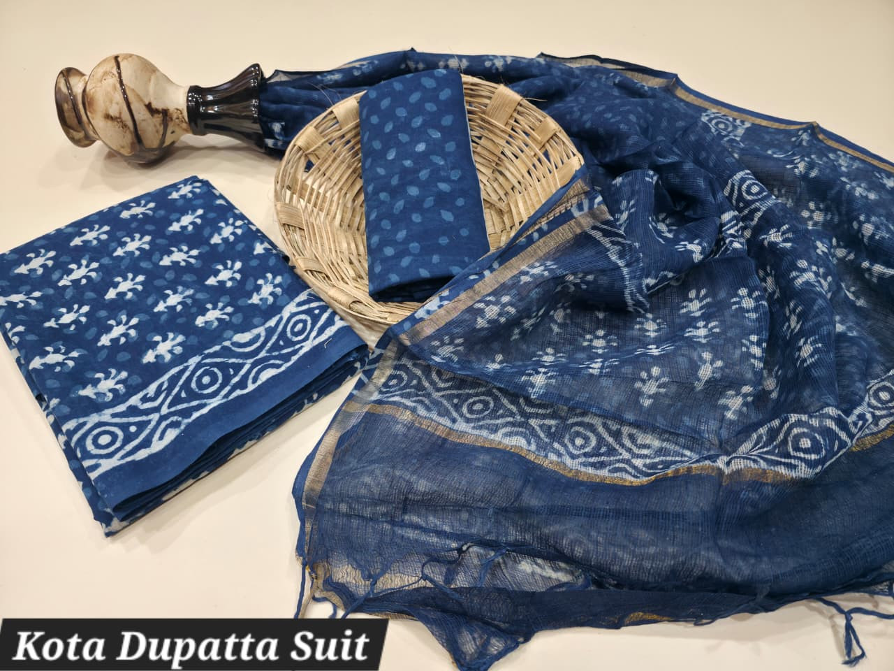 Blue and White Indigo Dabu Hand Block Print Cotton Suit with Kota Doria Dupatta.