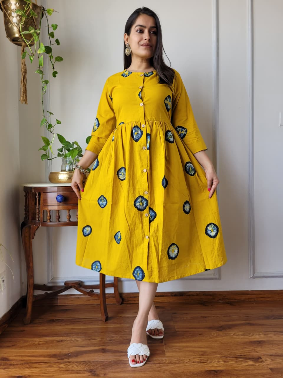 mustard yellow Bagru hand block printed long one piece dress