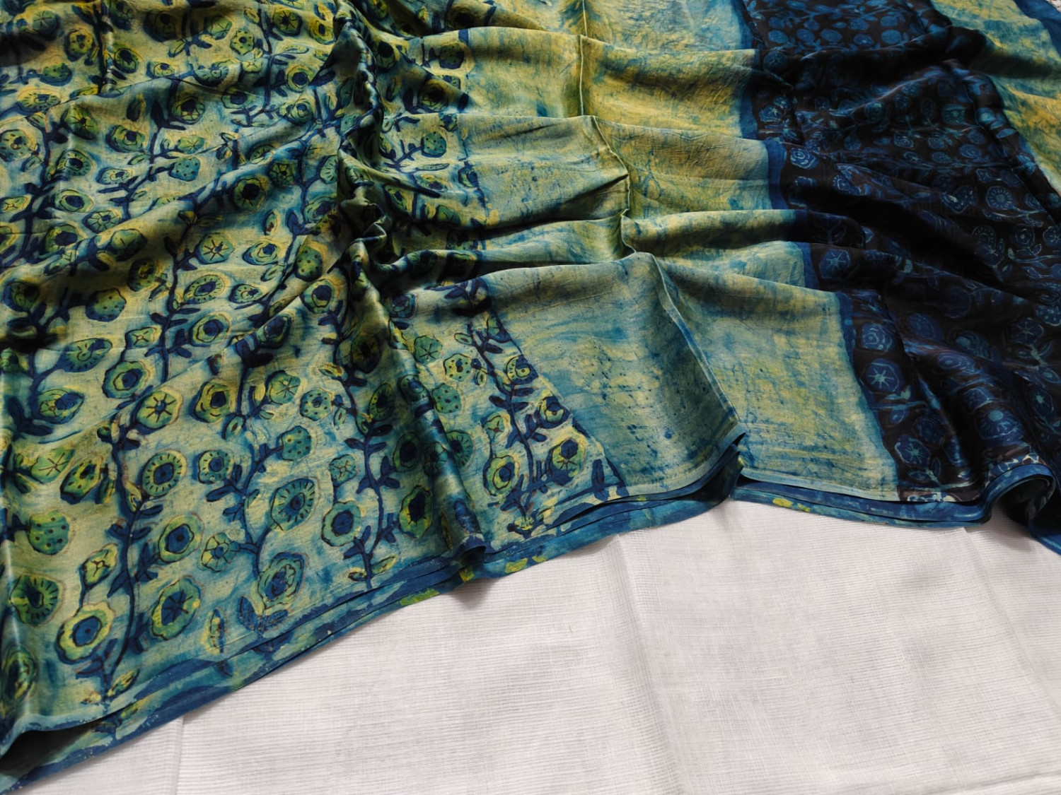 Blue-Green Vanaspati Ajrakh Hand Block Printed Modal Silk Saree with printedblouse