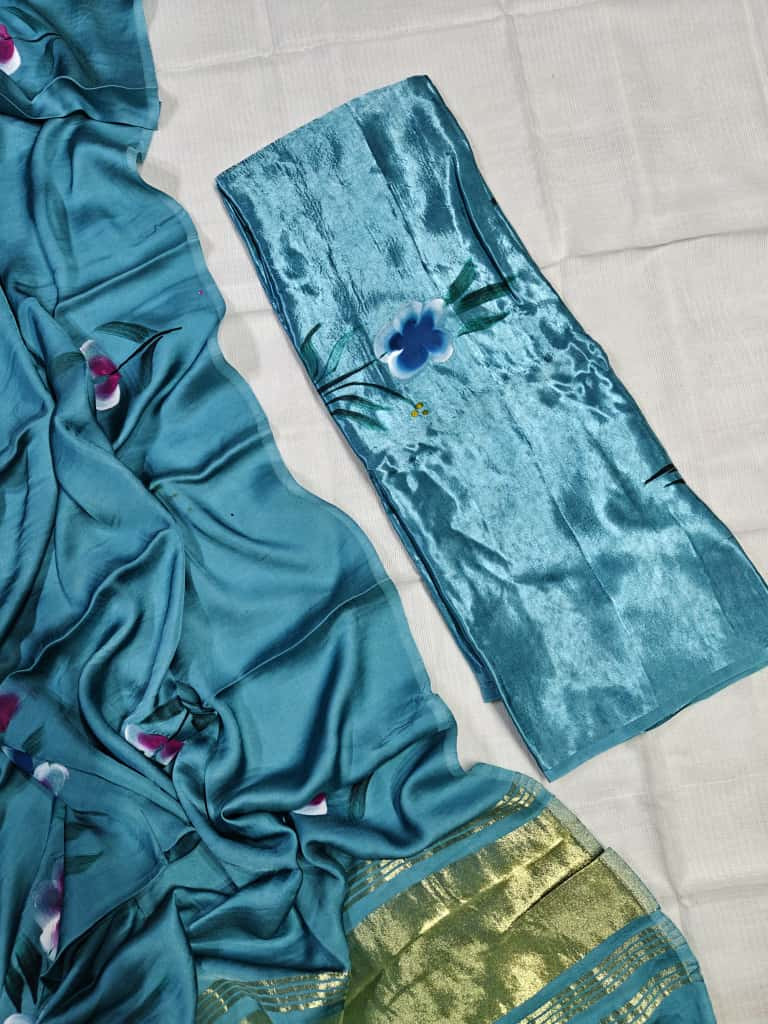 Teal Blue Crushed Silk or Satin Blend Saree