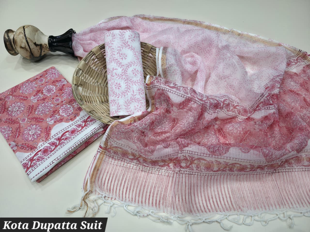 Pink and White Floral Hand Block Print Cotton Suit with Kota Doria Dupatta.