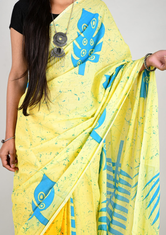 Yellow and Blue Floral Cotton Mulmul Saree