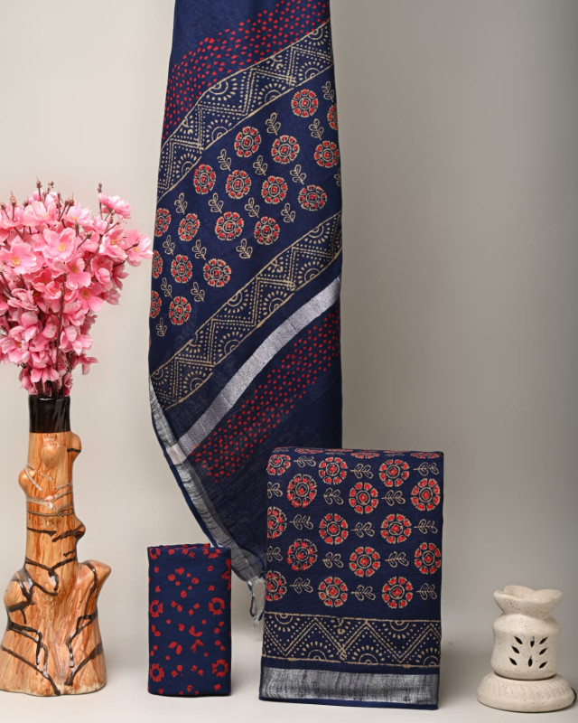 Navy Blue And Red Hand Block Printed Linen Suit Set