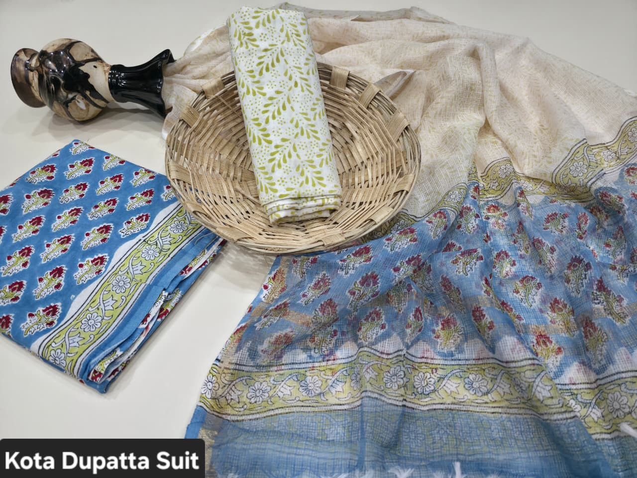 Blue and Pink Floral Hand Block Print Cotton Suit with Kota Doria Dupatta.