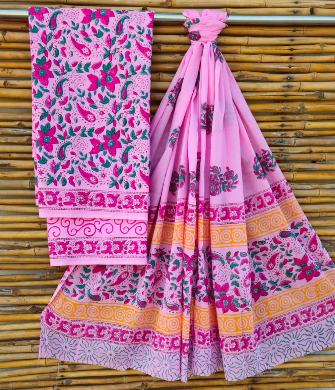 Elegant Pink and Green Hand Block Print Cotton Suit Set